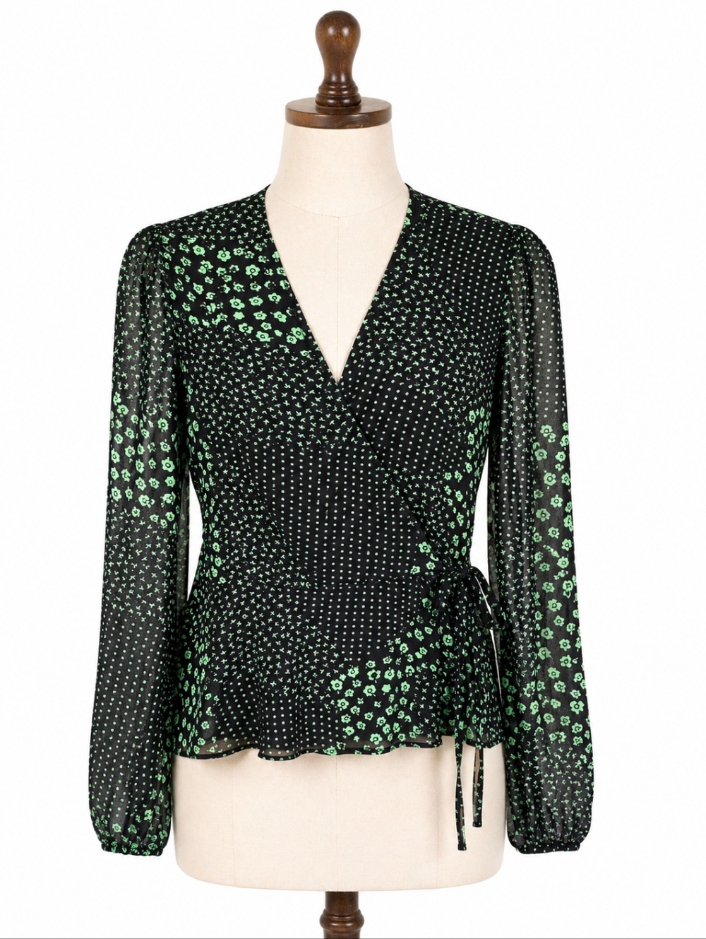 Astr The Label Green & Black Patchwork Print Chiffon Wrap Top Sz M Casual Career